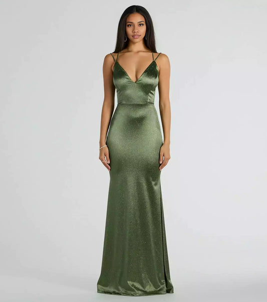 Elegant sparkling satin V-neck with zip back and slim silhouette, lined chest Prom Dresses
