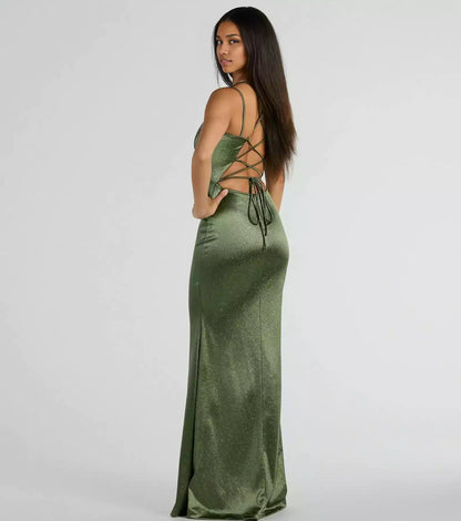 Elegant sparkling satin V-neck with zip back and slim silhouette, lined chest Prom Dresses