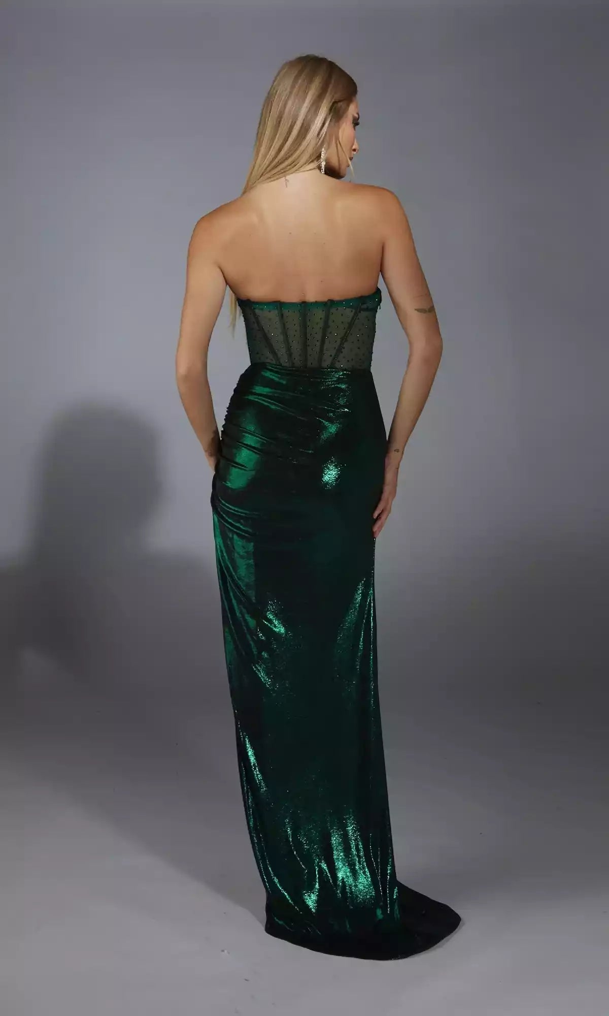 Elegant strapless long transparent corset with a hanging collar and wide slit Prom Dresses