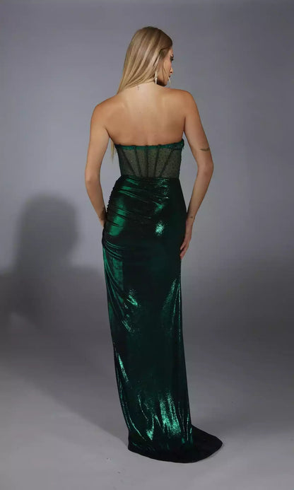 Elegant strapless long transparent corset with a hanging collar and wide slit Prom Dresses