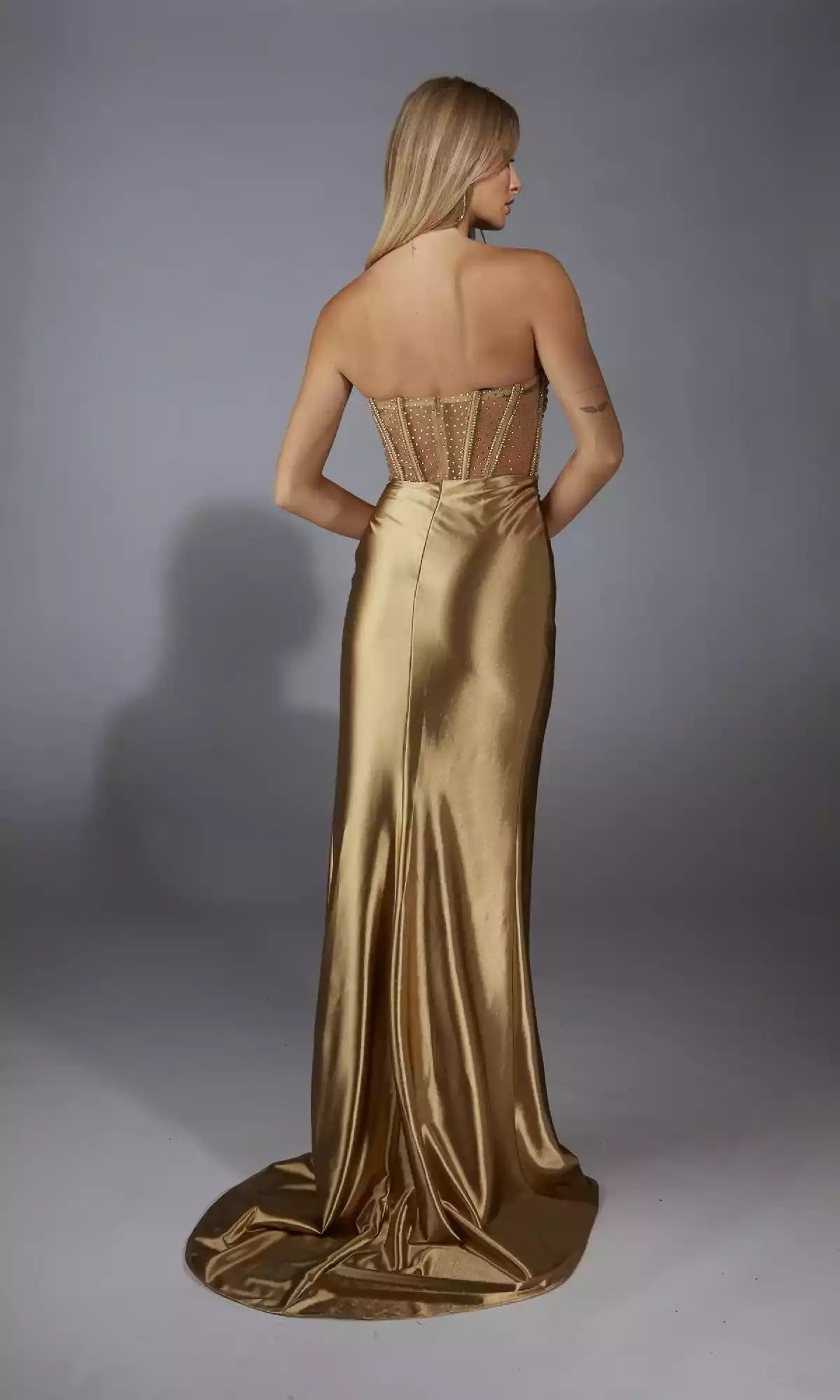 Elegant strapless slim cut chest adorned with sequined see through corset and satin skirt front slit Prom Dresses