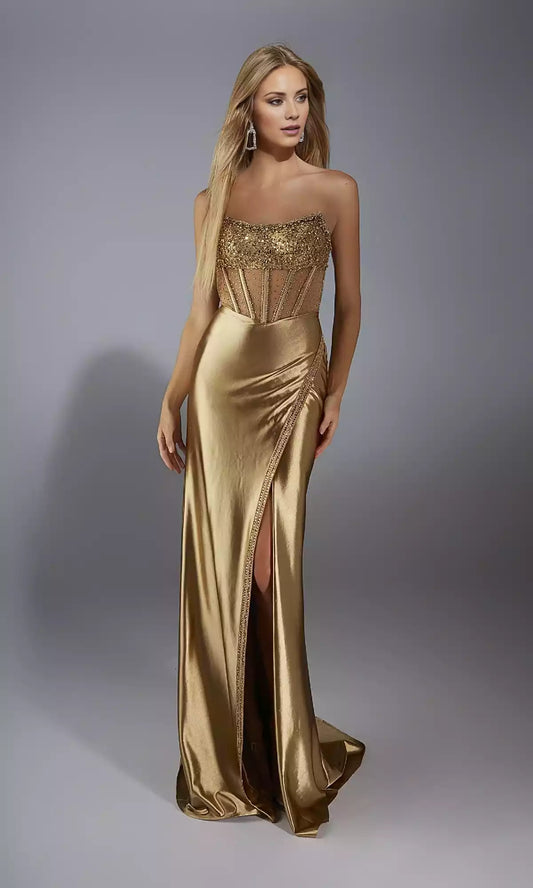 Elegant strapless slim cut chest adorned with sequined see through corset and satin skirt front slit Prom Dresses