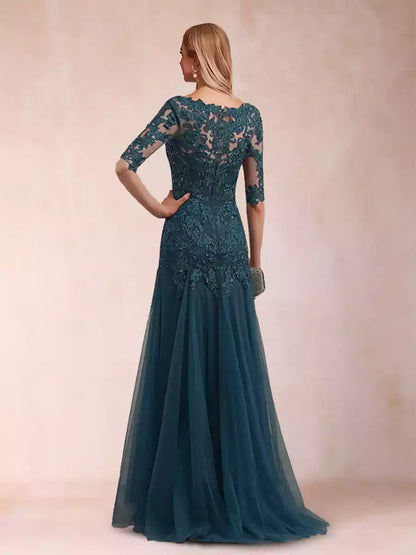 Elegant trumpet/mermaid V-neck half sleeve long applique chiffon Mother of the Bride Dresses