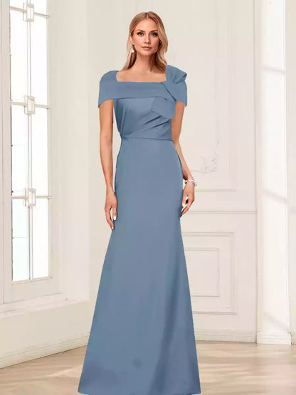 Elegant trumpet/mermaid square neck short sleeved pleated slim fit long Mother of the Bride Dresses