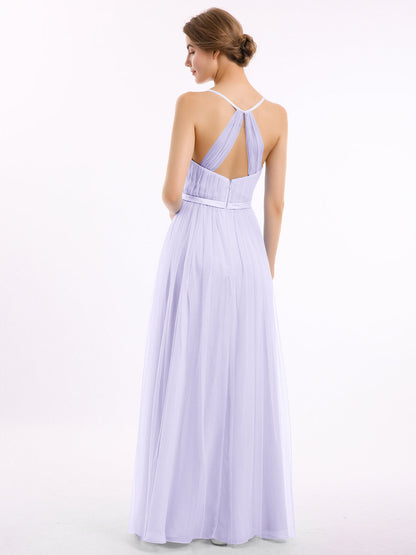 V Neck Tulle Long Dresses with Satin Sash Lilac