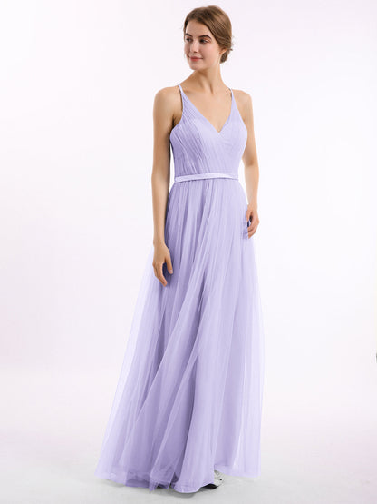 V Neck Tulle Long Dresses with Satin Sash Lilac