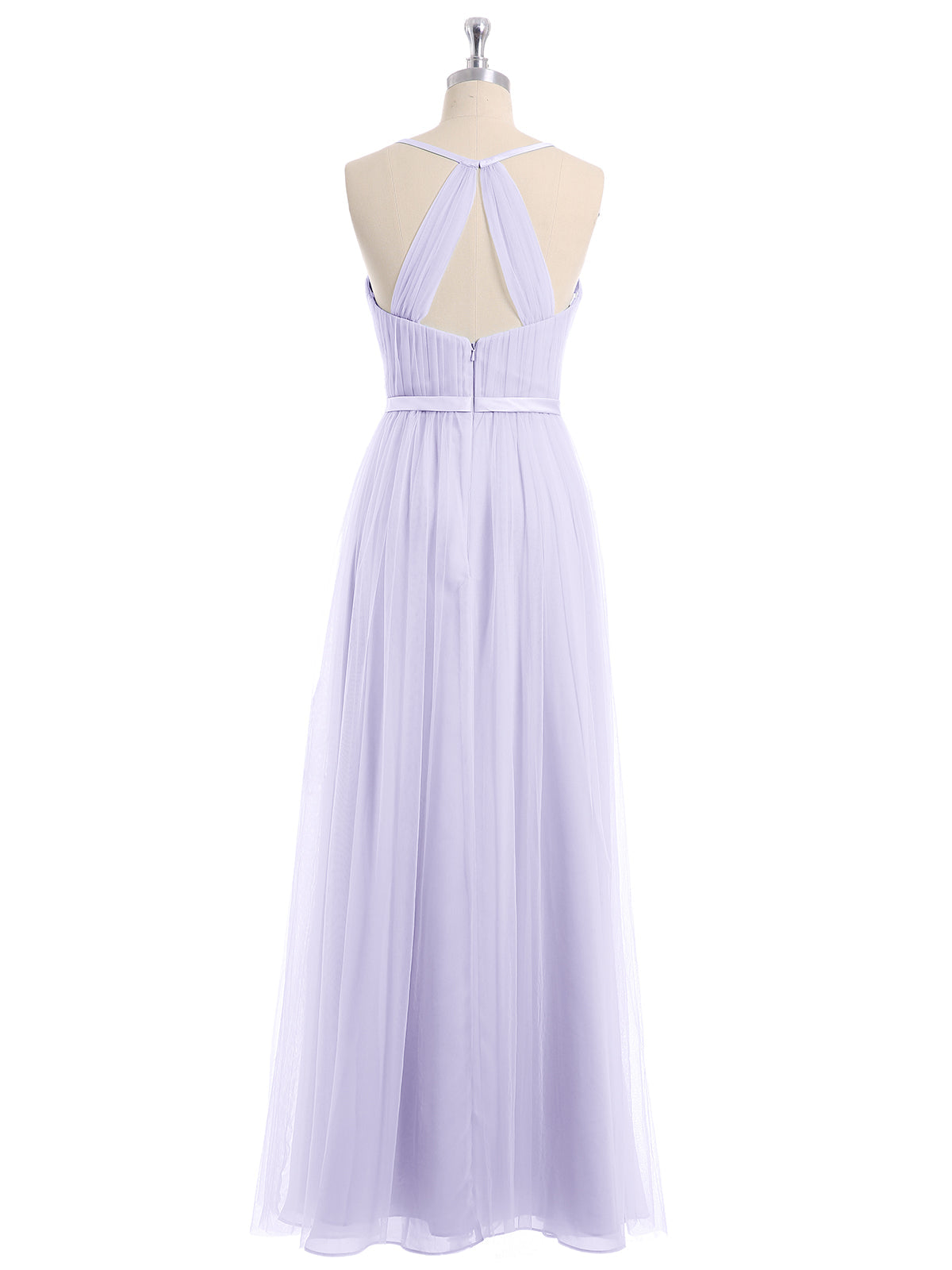 V Neck Tulle Long Dresses with Satin Sash Lilac