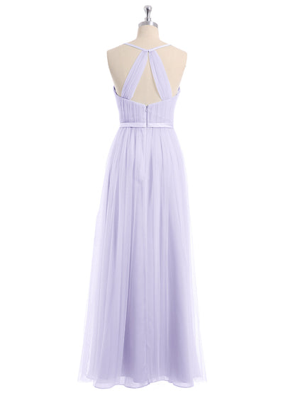 V Neck Tulle Long Dresses with Satin Sash Lilac