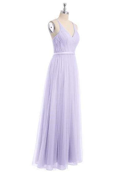V Neck Tulle Long Dresses with Satin Sash Lilac