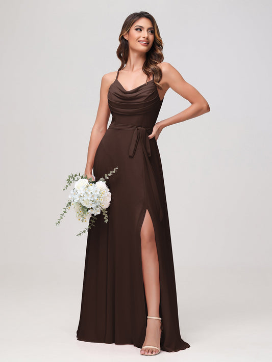Sexy Cowl Neck Ruched Chiffon Long Dress with Slit Chocolate