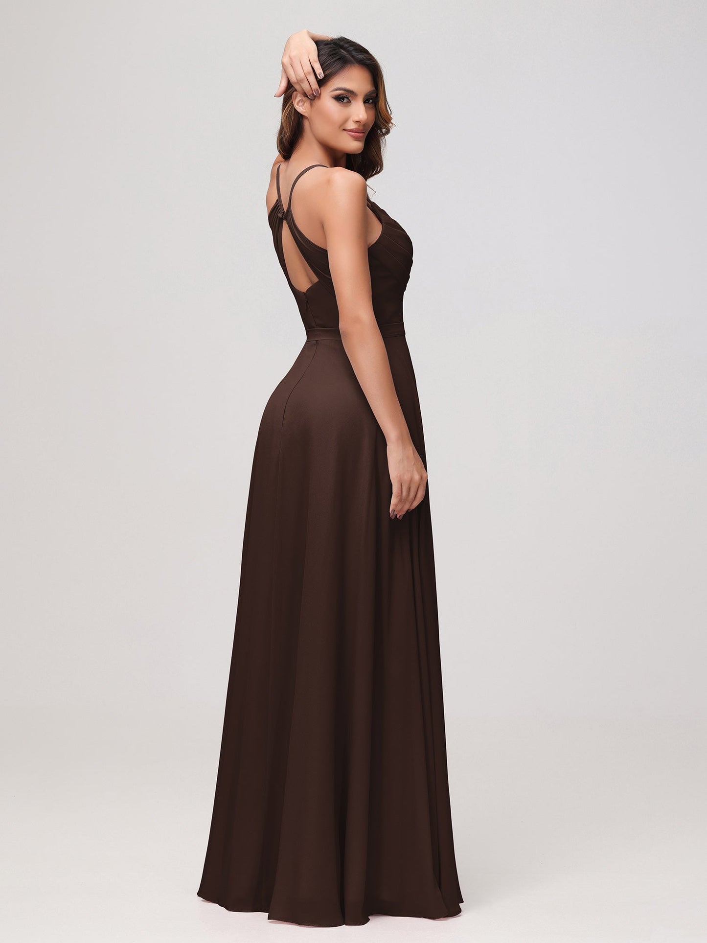 Sexy Cowl Neck Ruched Chiffon Long Dress with Slit Chocolate