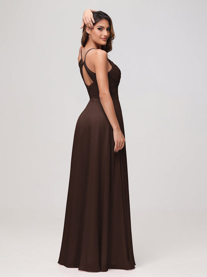 Sexy Cowl Neck Ruched Chiffon Long Dress with Slit Chocolate