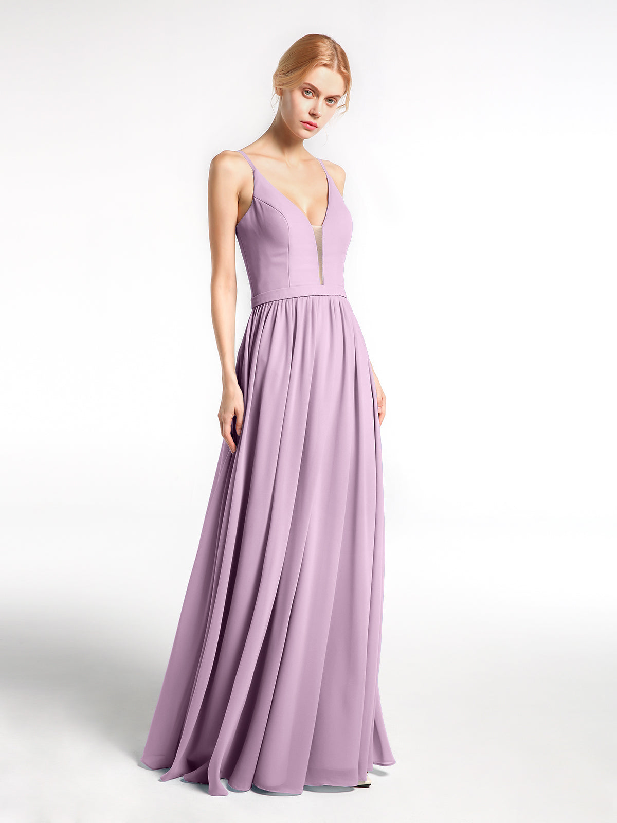 Spaghetti Strap Simple Chiffon Dress with Notch Neck Wisteria