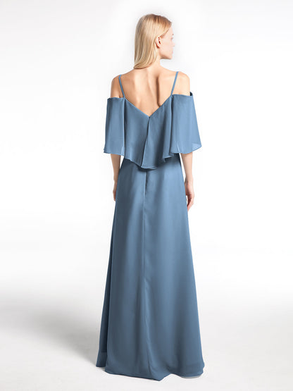Ruffled Cold Shoulder Maxi Dress with Flounce Overlay Slate Blue