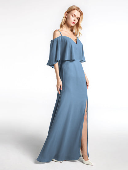 Ruffled Cold Shoulder Maxi Dress with Flounce Overlay Slate Blue