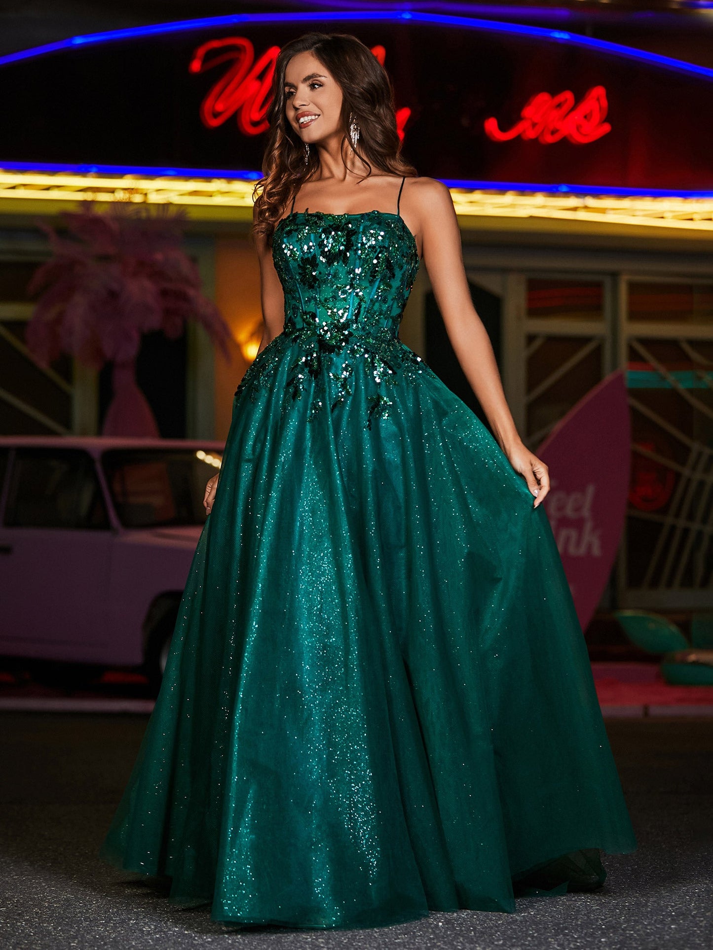 A Line Corset Bodice Tulle Ball Gown Dark Green