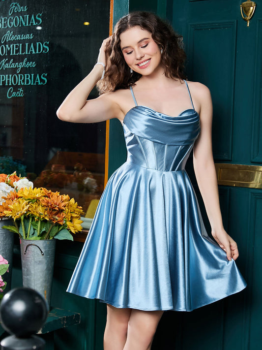 Spaghetti Straps Lace-up Stretch Satin Mini Dress Dusty Blue
