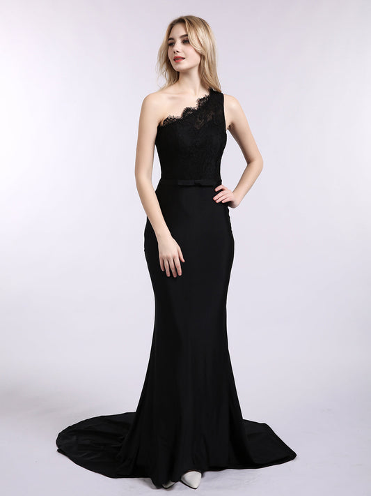 One Shoulder Mermaid Dress with Train Black