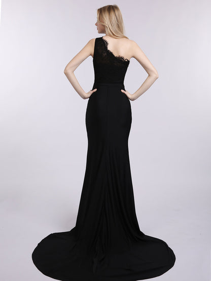 One Shoulder Mermaid Dress with Train Black