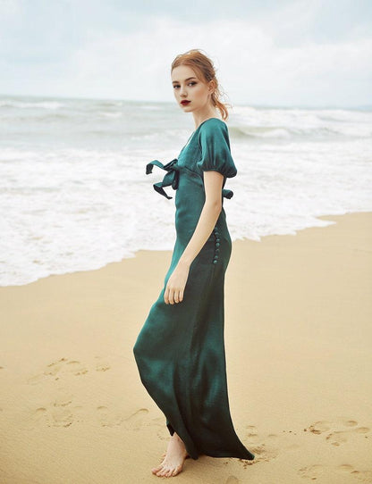 Emerald V-Neck Half Sleeve Bridesmaid Dress