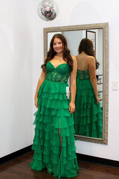 Elegant Ruffle Long Prom Dresses A Line High Slit Dress Outfit
