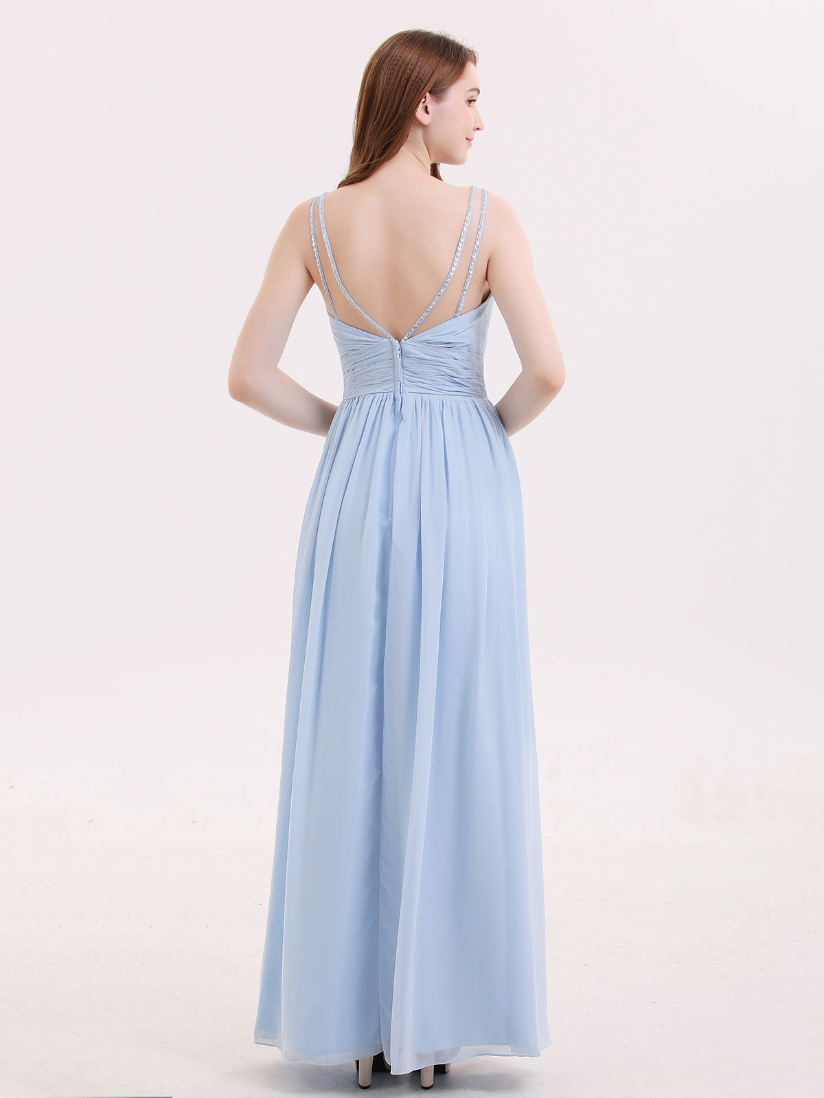 Double Beaded Strap Chiffon Dress with V Neck Sky Blue