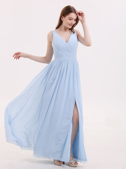 Double Beaded Strap Chiffon Dress with V Neck Sky Blue