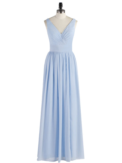 Double Beaded Strap Chiffon Dress with V Neck Sky Blue