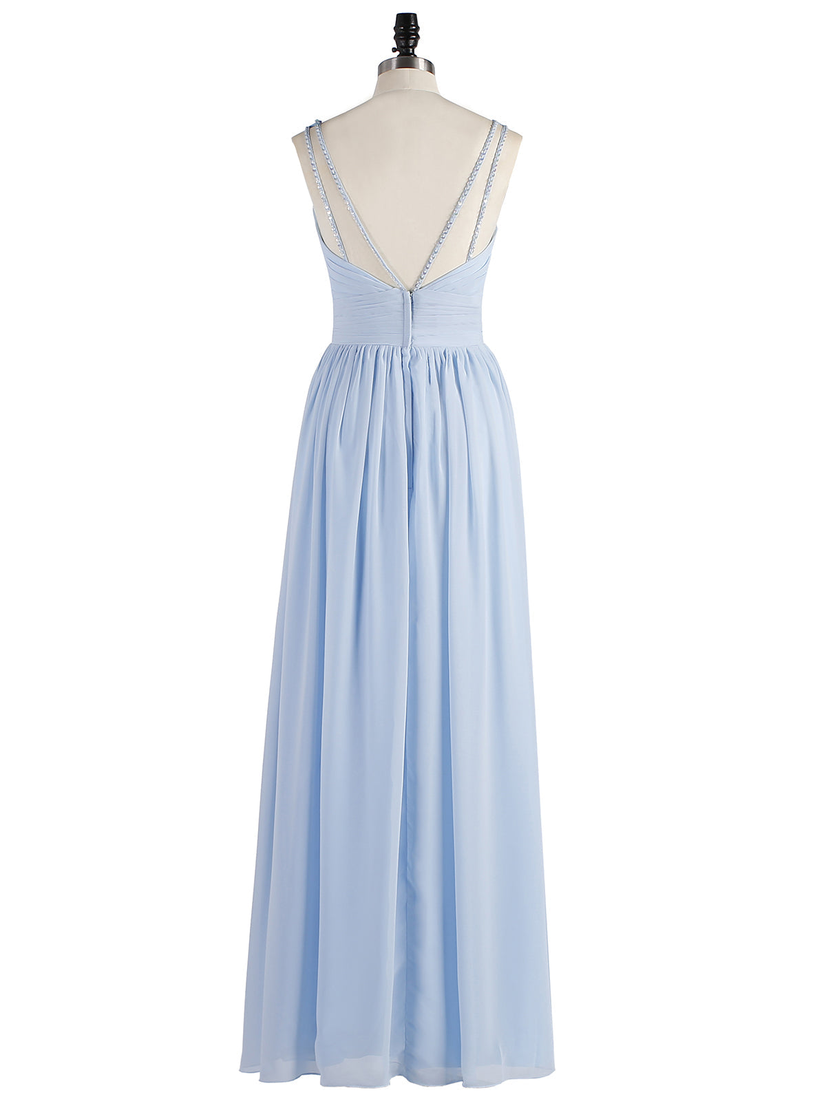 Double Beaded Strap Chiffon Dress with V Neck Sky Blue