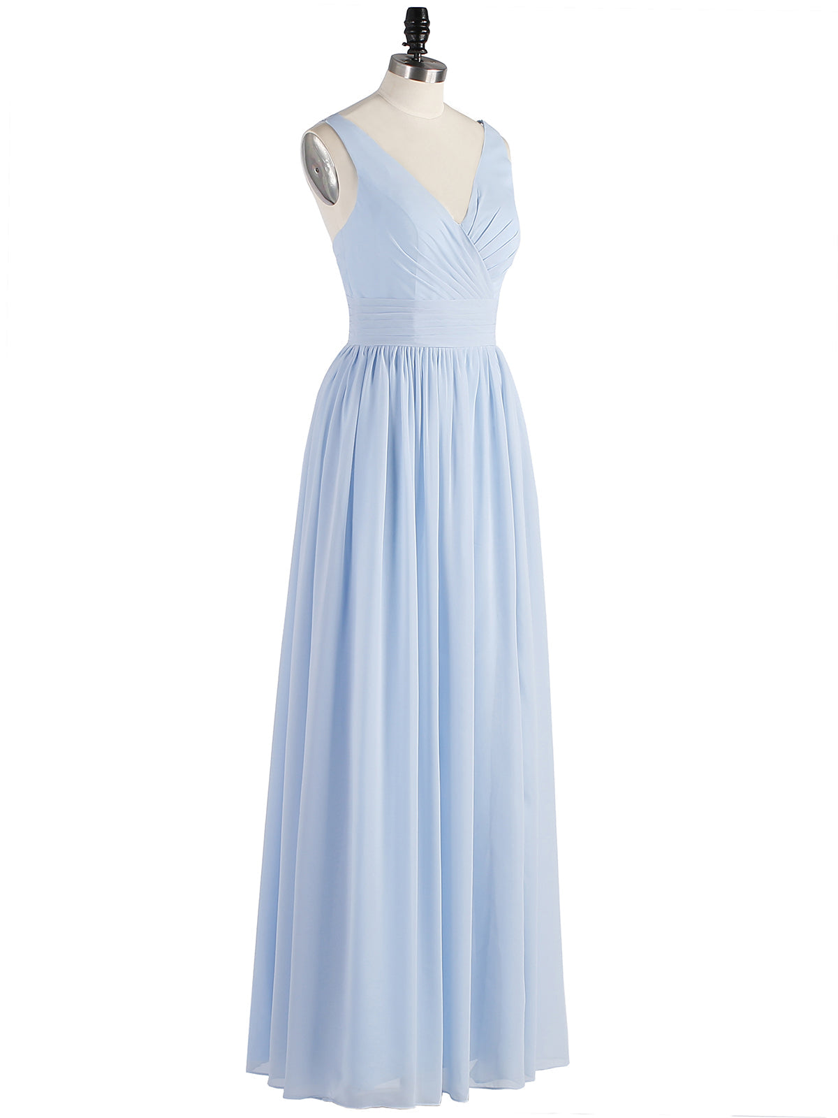 Double Beaded Strap Chiffon Dress with V Neck Sky Blue