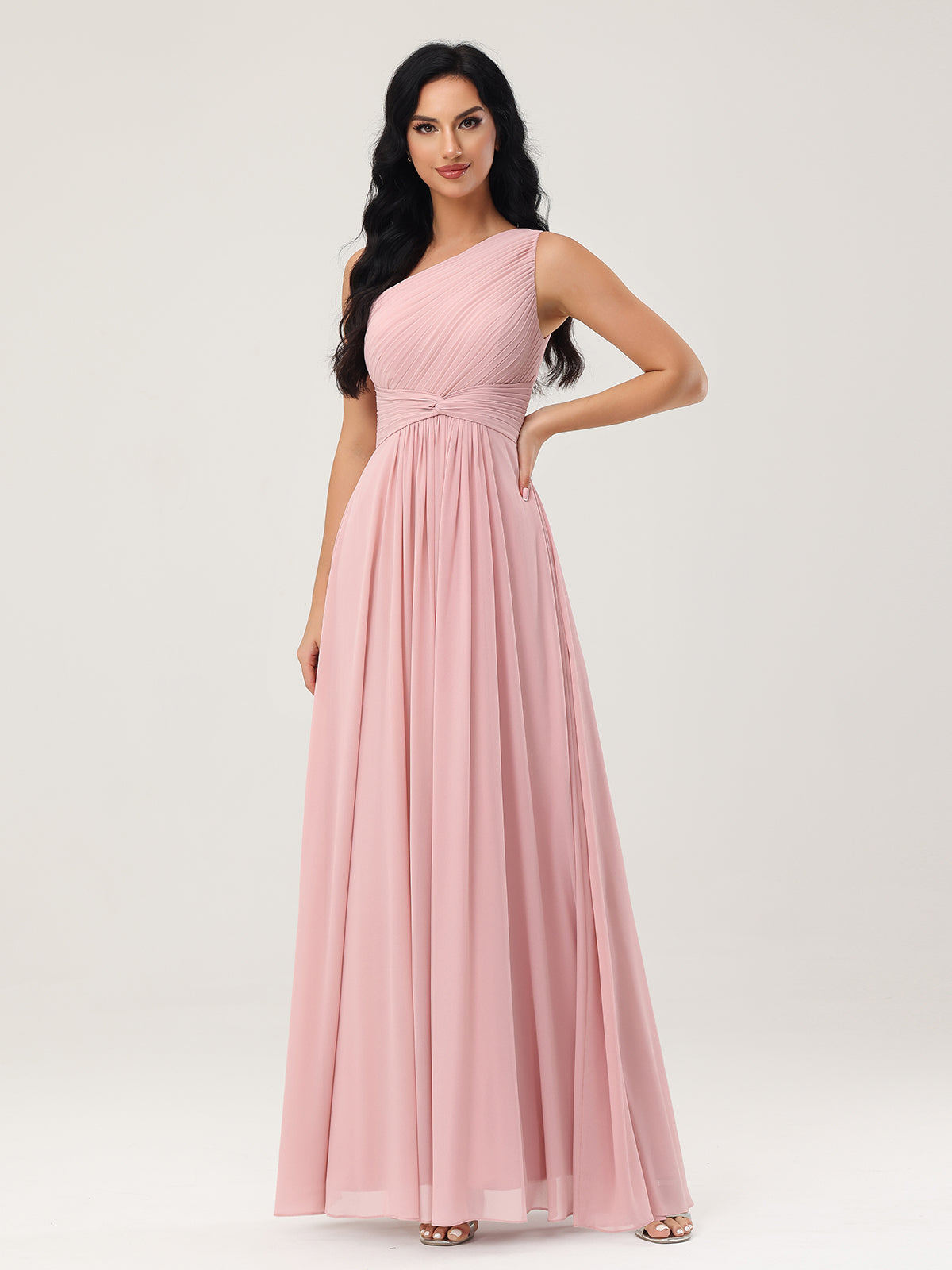 One Shoulder Dresses with Pleated Bodice Dusty Rose