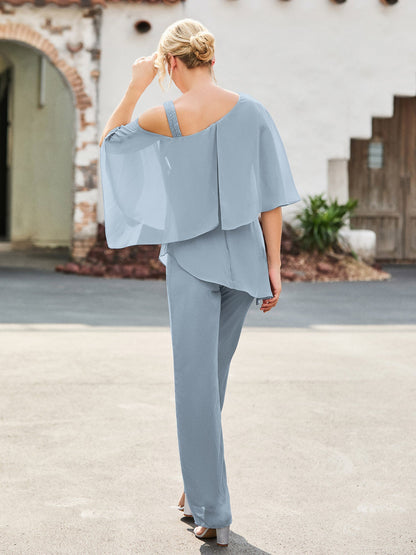 Flutter Sleeves Chiffon Pantsuit with Beaded Dusty Blue