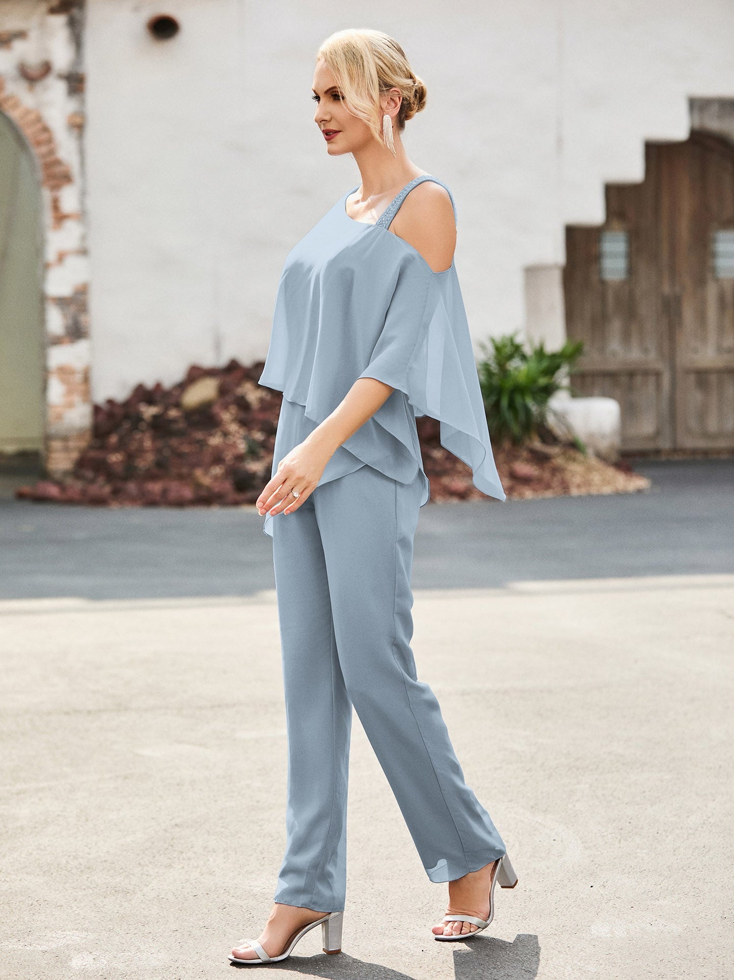 Flutter Sleeves Chiffon Pantsuit with Beaded Dusty Blue