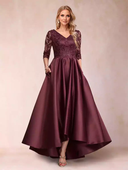 Enchanting A-line/Princess V-neck with asymmetrical three quarter sleeves and decal Mother of the Bride Dresses