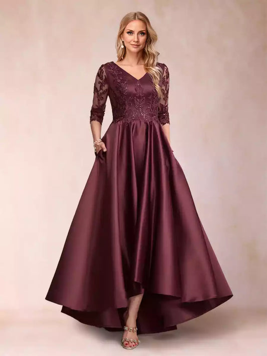 Enchanting A-line/Princess V-neck with asymmetrical three quarter sleeves and decal Mother of the Bride Dresses