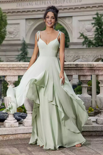 Enchanting A-line chiffon V-neck thin shoulder strap with ruffle edge zipper closure Bridesmaid Dresses