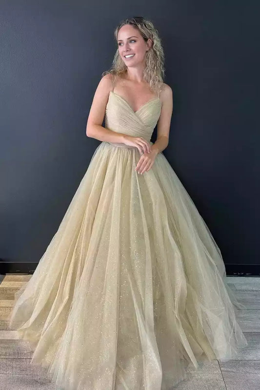 Enchanting A-line chiffon with thin floor straps and V-neck sleeveless pleated lace up back Prom Dresses