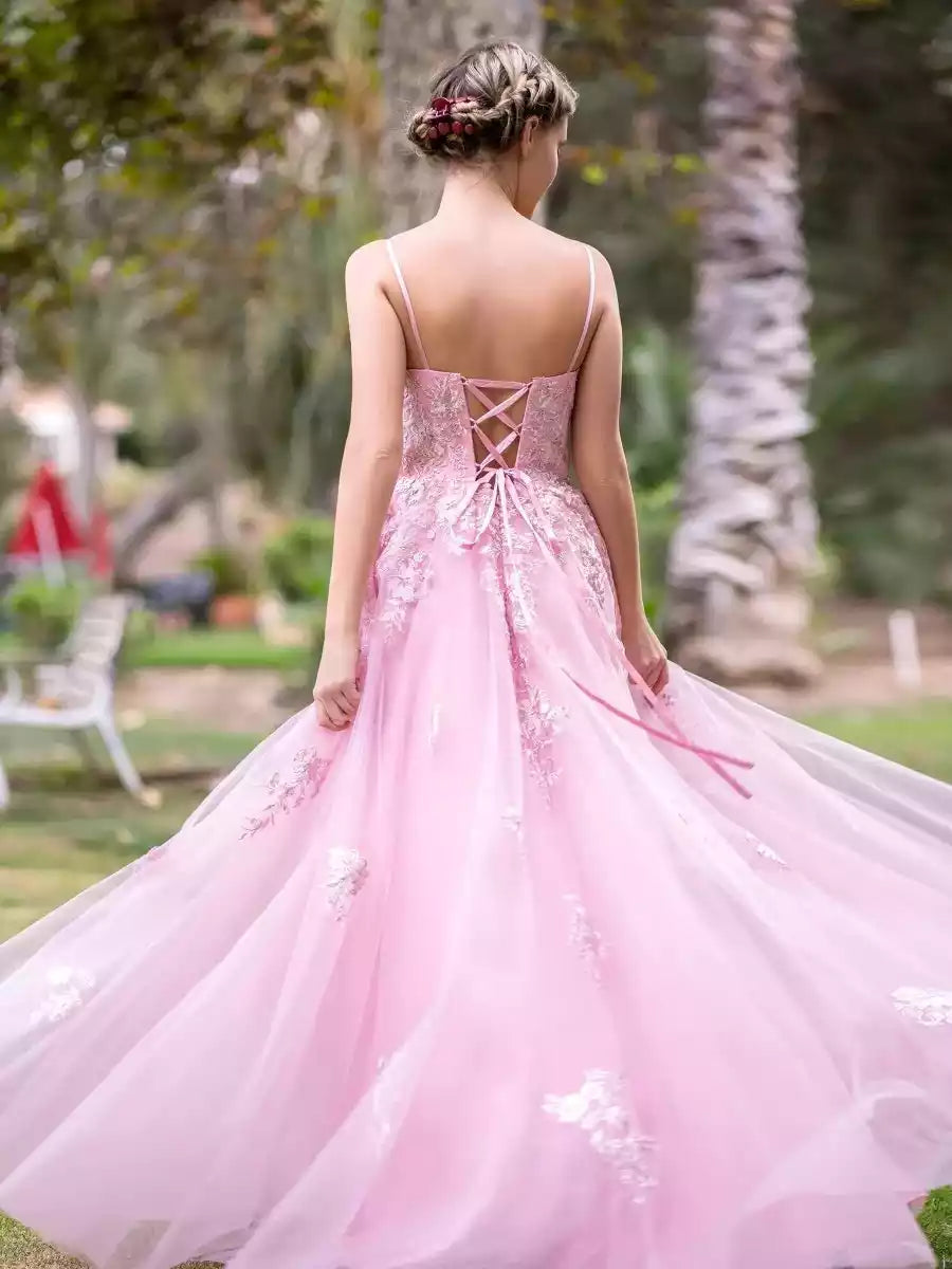 Enchanting V-neck lace decal and chiffon thin shoulder strap with lace back Prom Dresses