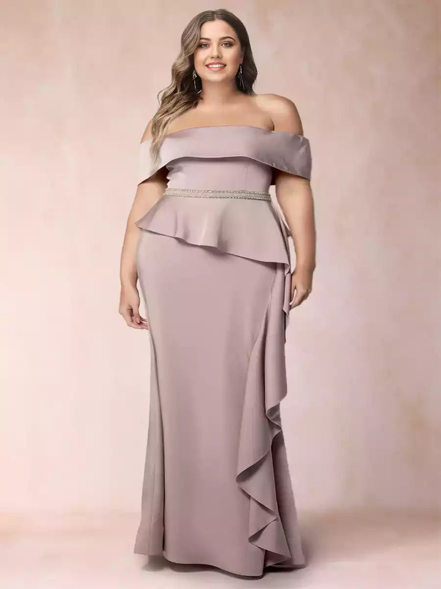 Enchanting off shoulder slim fit/straight tube plus plus rhinestones and ruffled Mother of the Bride Dresses