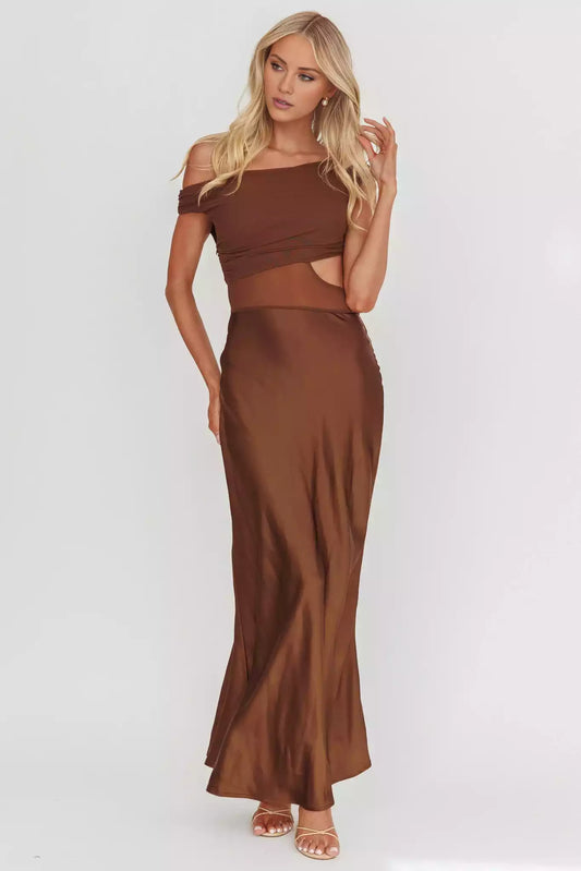 Enchanting satin asymmetrical neckline, mesh hollow tight corset, slanted satin side zipper Prom Dresses