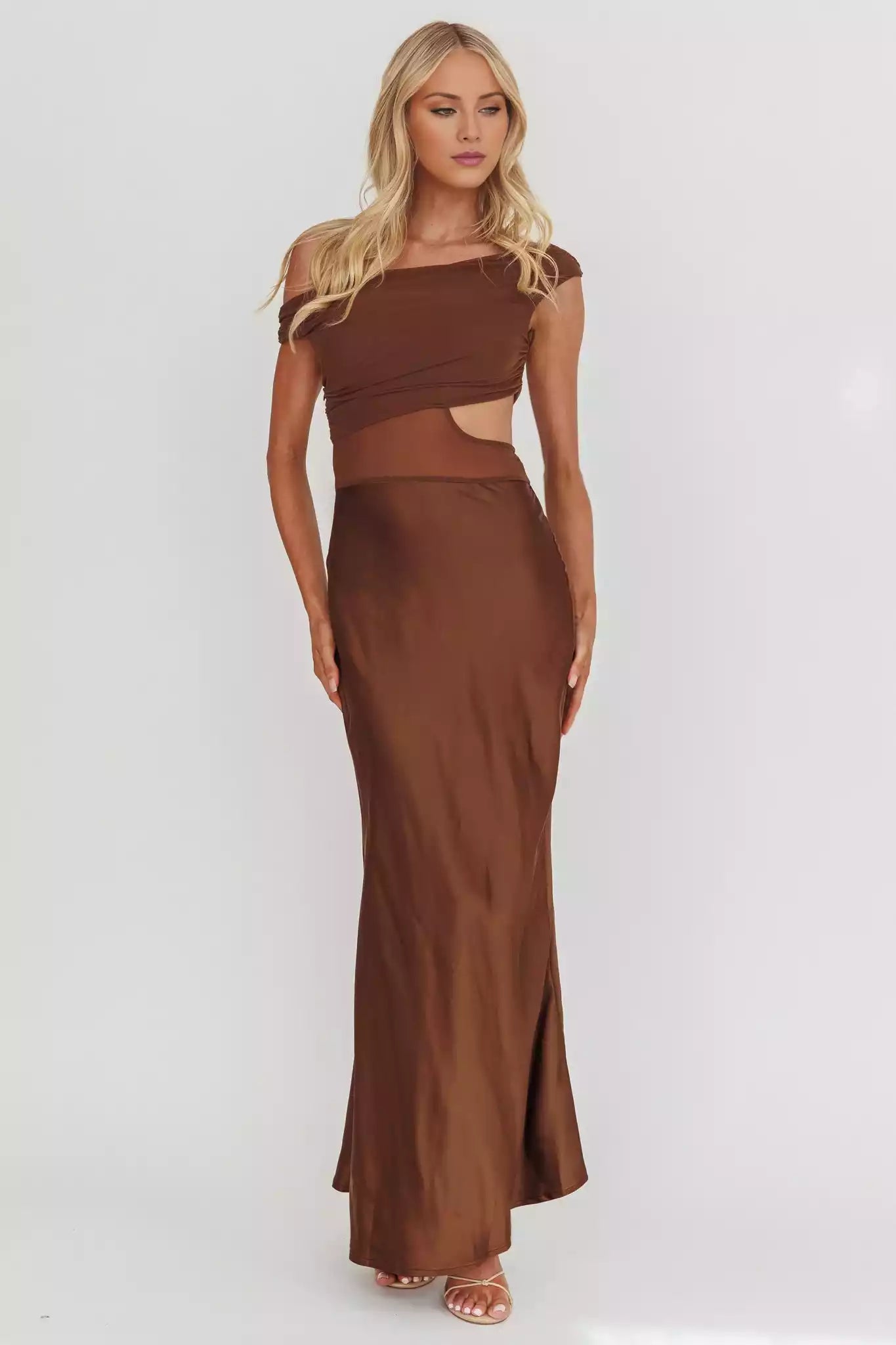 Enchanting satin asymmetrical neckline, mesh hollow tight corset, slanted satin side zipper Prom Dresses