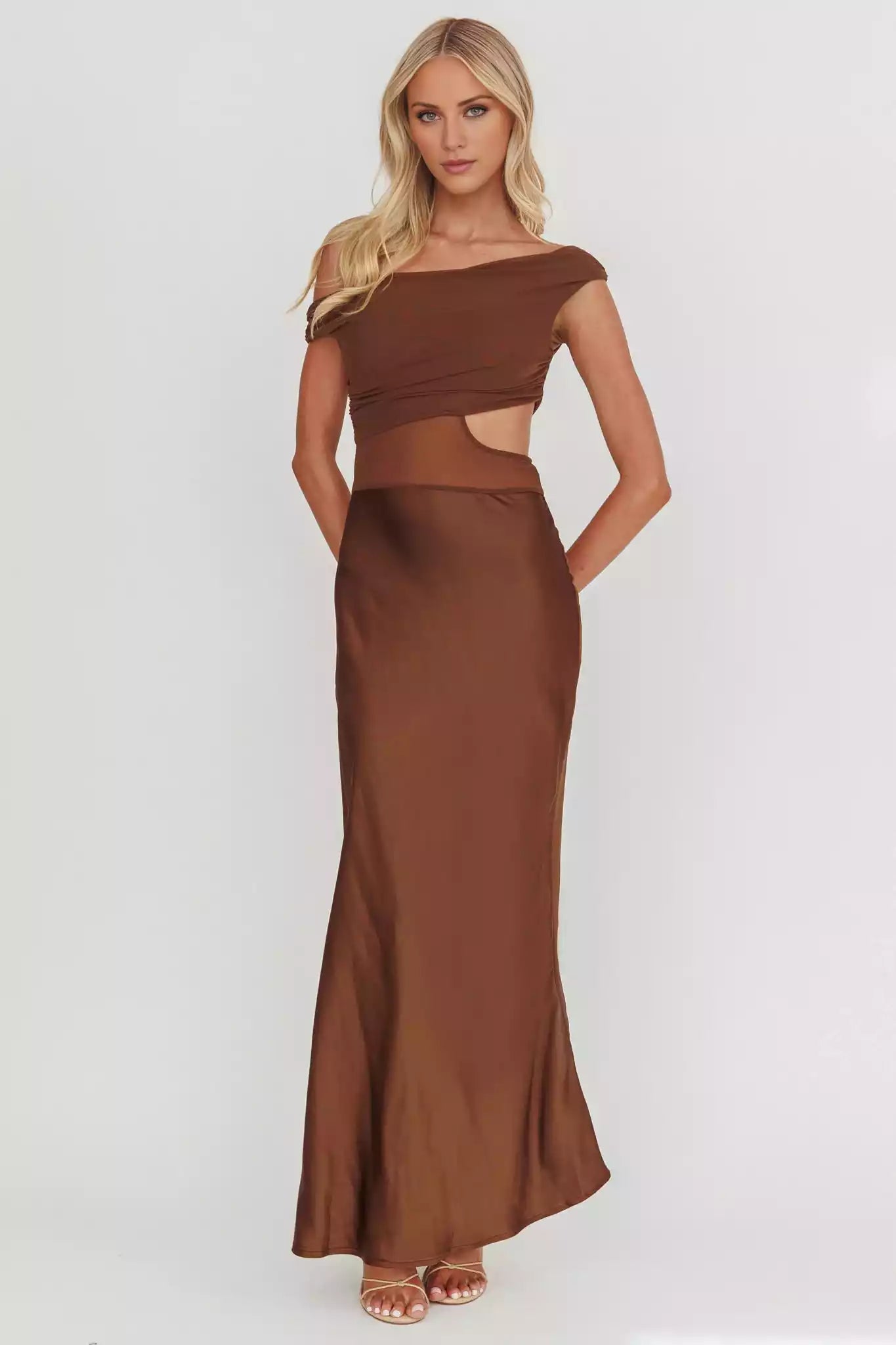 Enchanting satin asymmetrical neckline, mesh hollow tight corset, slanted satin side zipper Prom Dresses