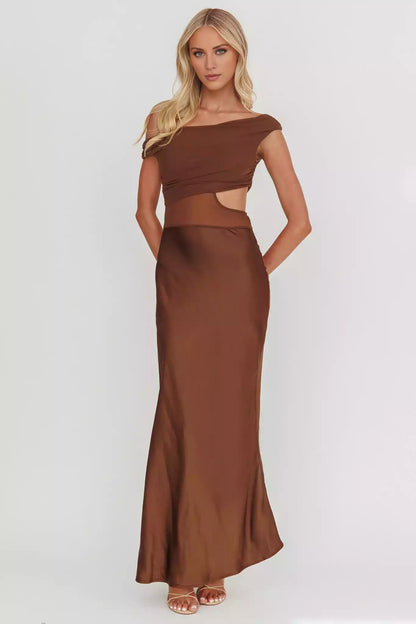 Enchanting satin asymmetrical neckline, mesh hollow tight corset, slanted satin side zipper Prom Dresses