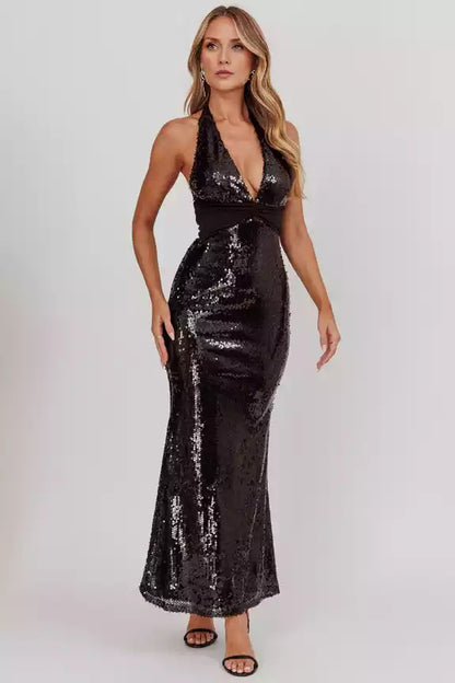 Enchanting sequins, ultra long deep V-neckline, backless neckline, lined with sequins decoration Prom Dresses