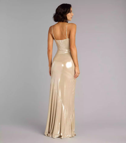 Enchanting stretch knit lining with adjustable thin shoulder straps, round neck, A-line silhouette, ruffled edges and floor Prom Dresses