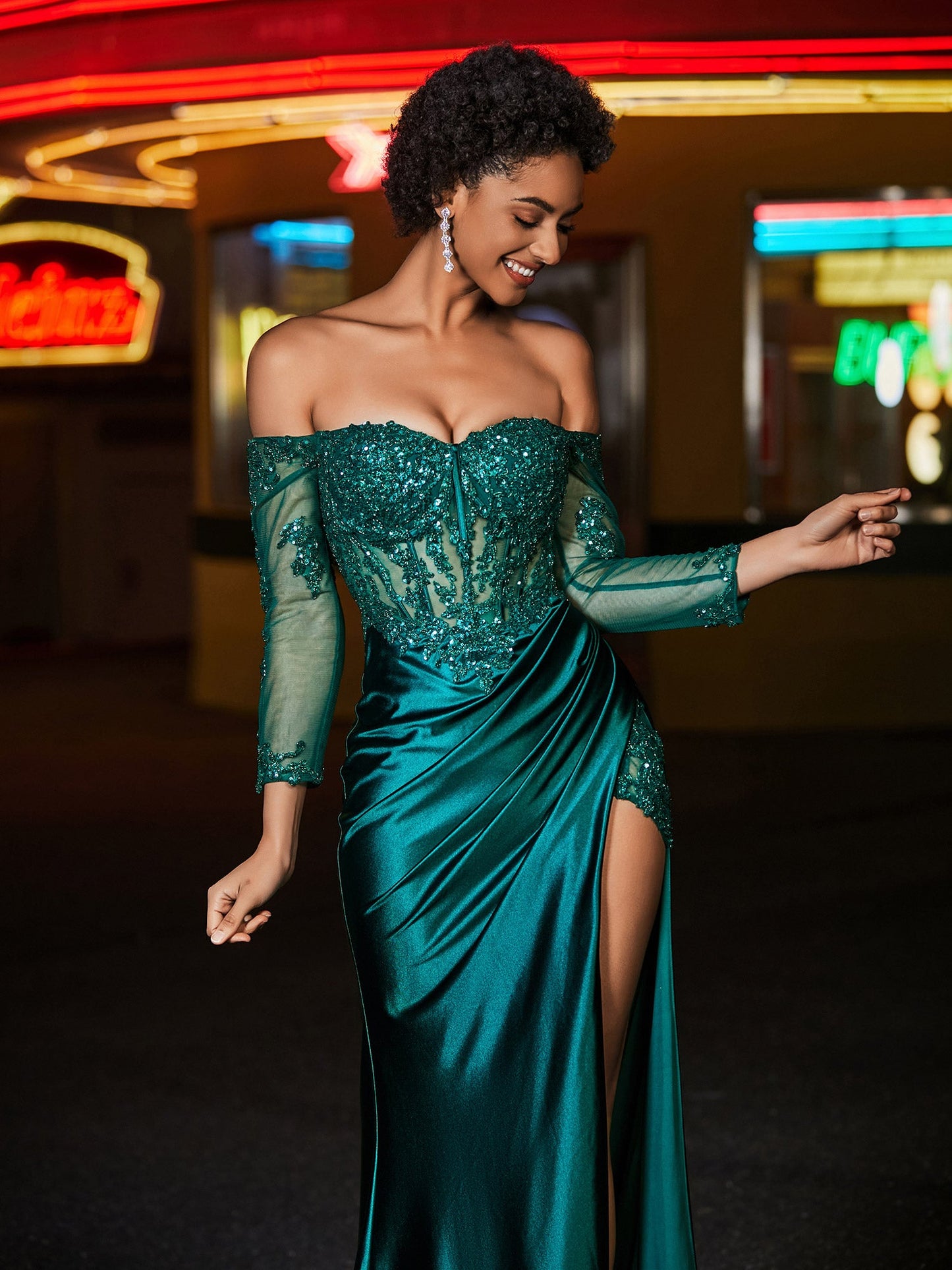 High Slit Corset Bodice Stretch Satin Gown Dark Green