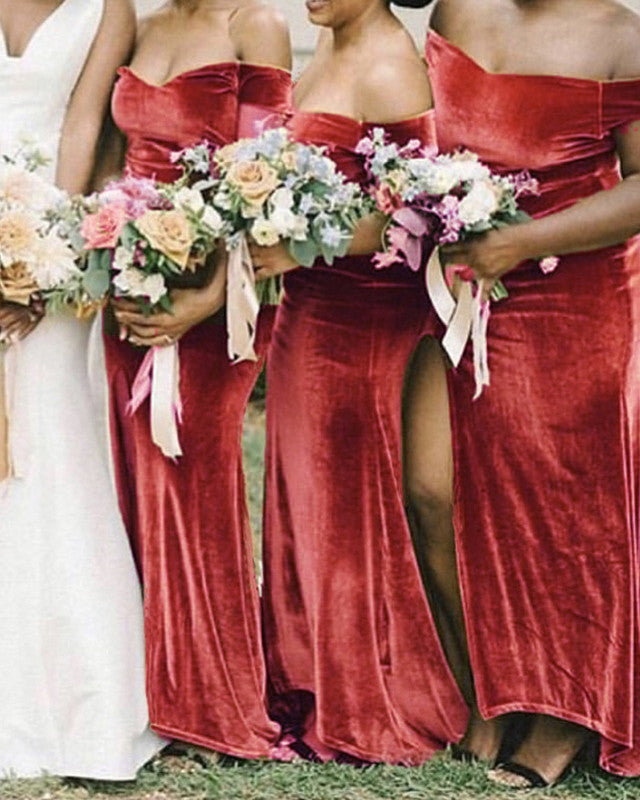 Off Shoulder Velvet Mermaid Bridesmaid Dress Leg Slit
