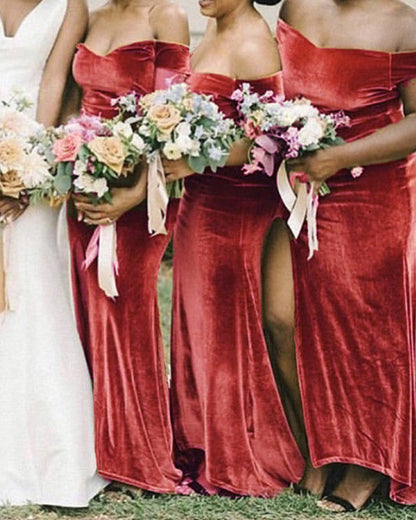 Off Shoulder Velvet Mermaid Bridesmaid Dress Leg Slit