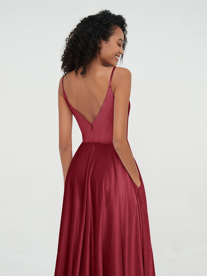 Spaghetti Straps Velvet Midi Dresses with Pockets Burgundy