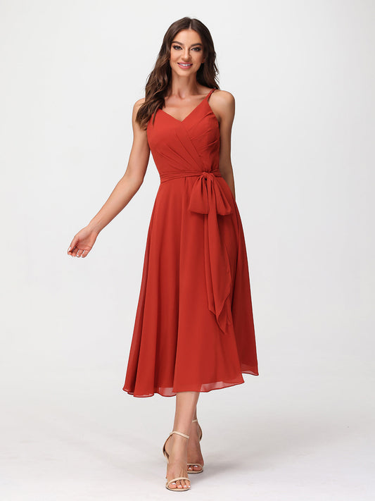 Spaghetti Strap T length Dress with Sash Bow Rust